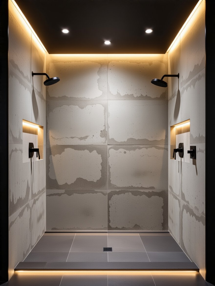 Dramatic industrial feature shower with large-format tiles and integrated lighting