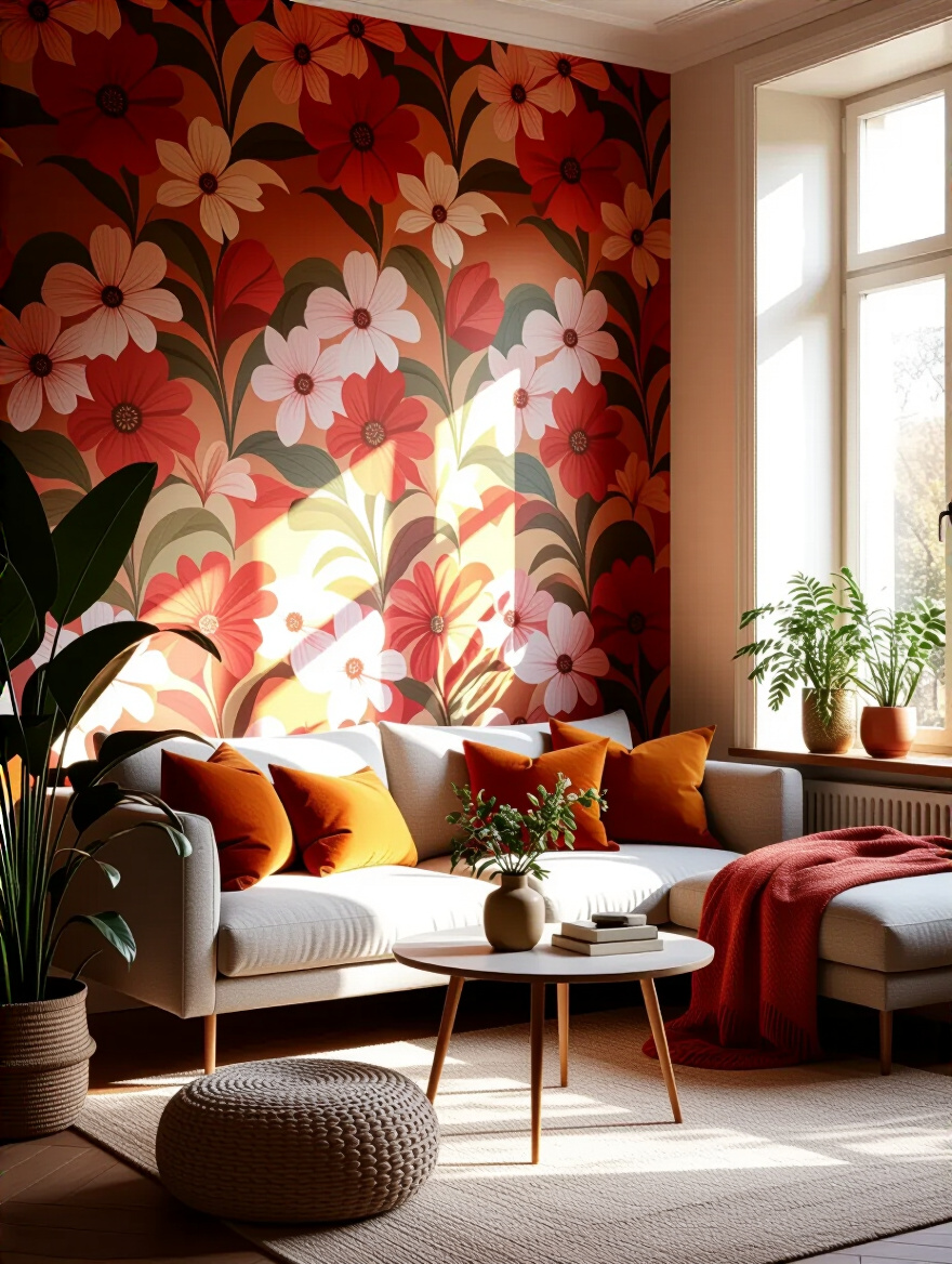 Living room with vibrant wallpaper and natural light showcasing color and texture.
