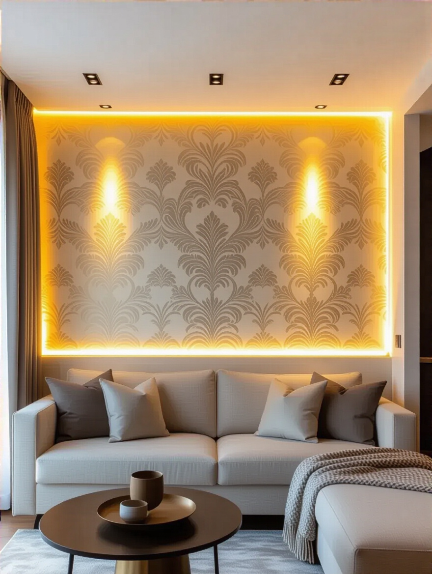 Living room showcasing strategic accent lighting on a wallpaper accent wall.