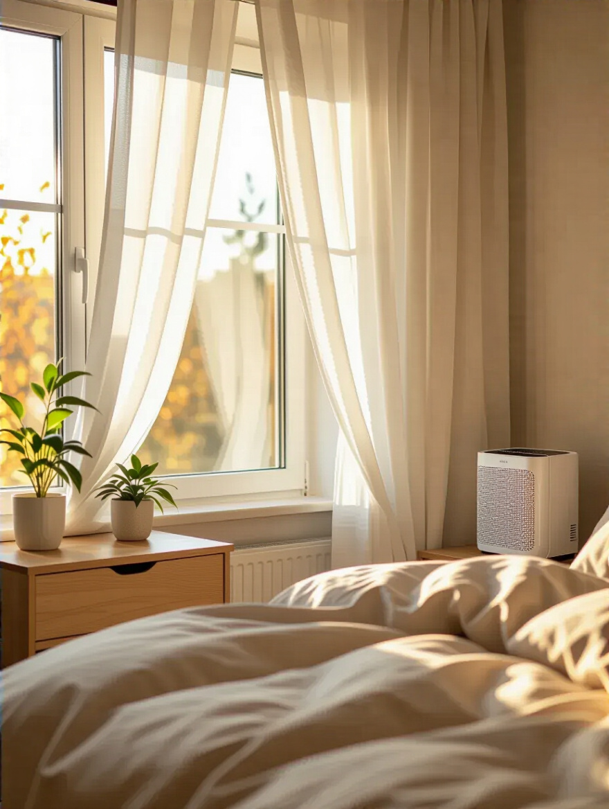 Cozy bedroom with open window and air purifier promoting fresh air circulation for better sleep