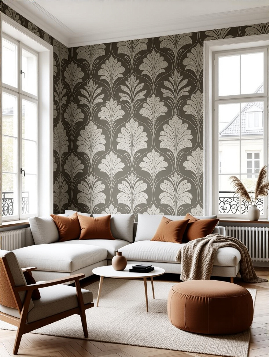 Seamless wallpaper pattern matching on a living room accent wall