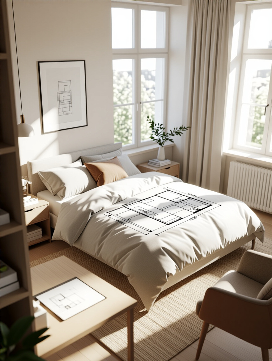 Professional photo of a well-organized bedroom with a floor plan sketch showing storage zones.