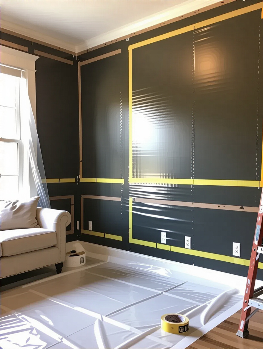 Living room with protective measures in place during wallpaper application.