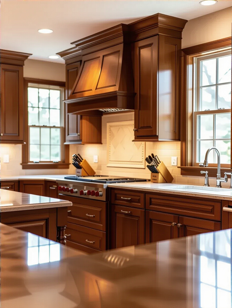A traditional kitchen with shining cabinets reflecting light, showcasing professional cleaning techniques.