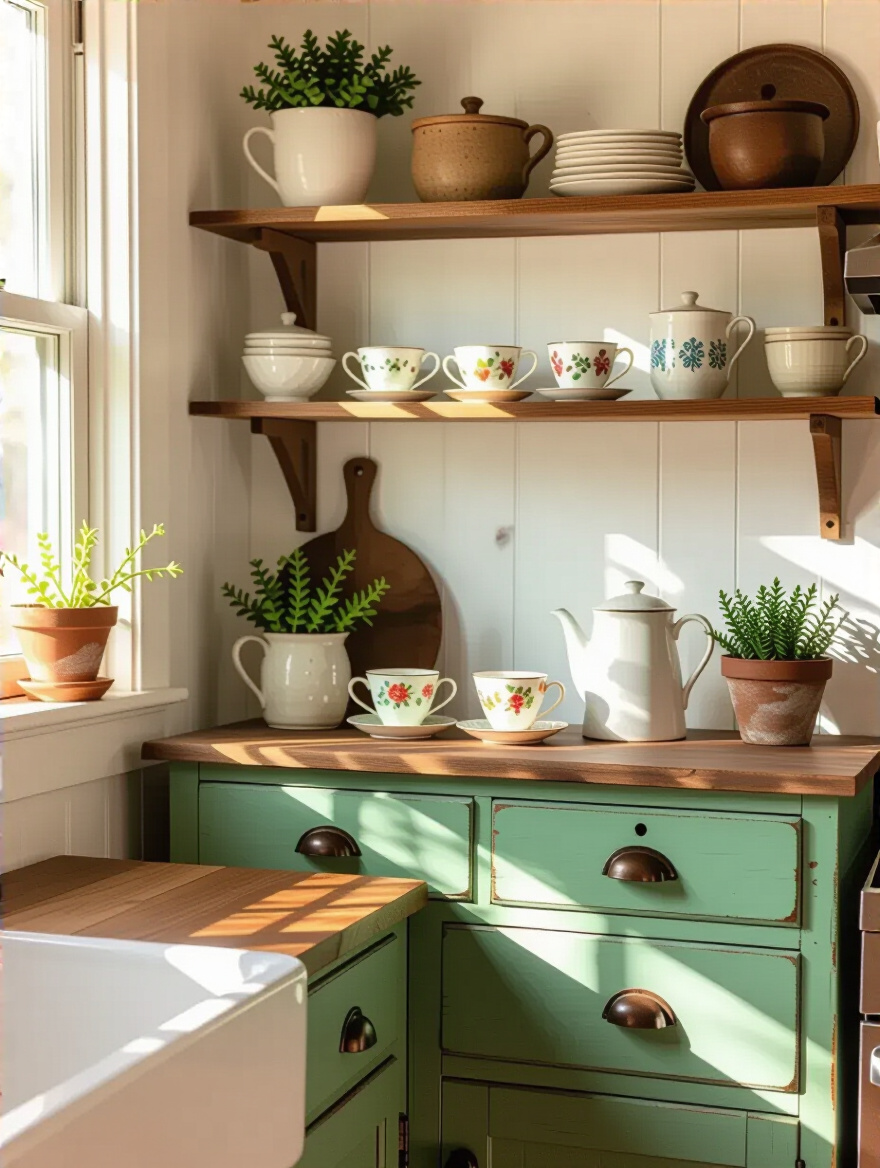 Budget-friendly kitchen corner featuring thrifted vintage dresser, mismatched teacups as planters, and rustic shelves filled with secondhand decor