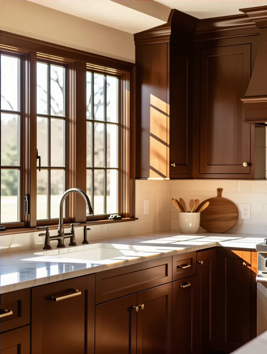 Elegant kitchen with traditional cabinets showcasing dark chestnut stain finish