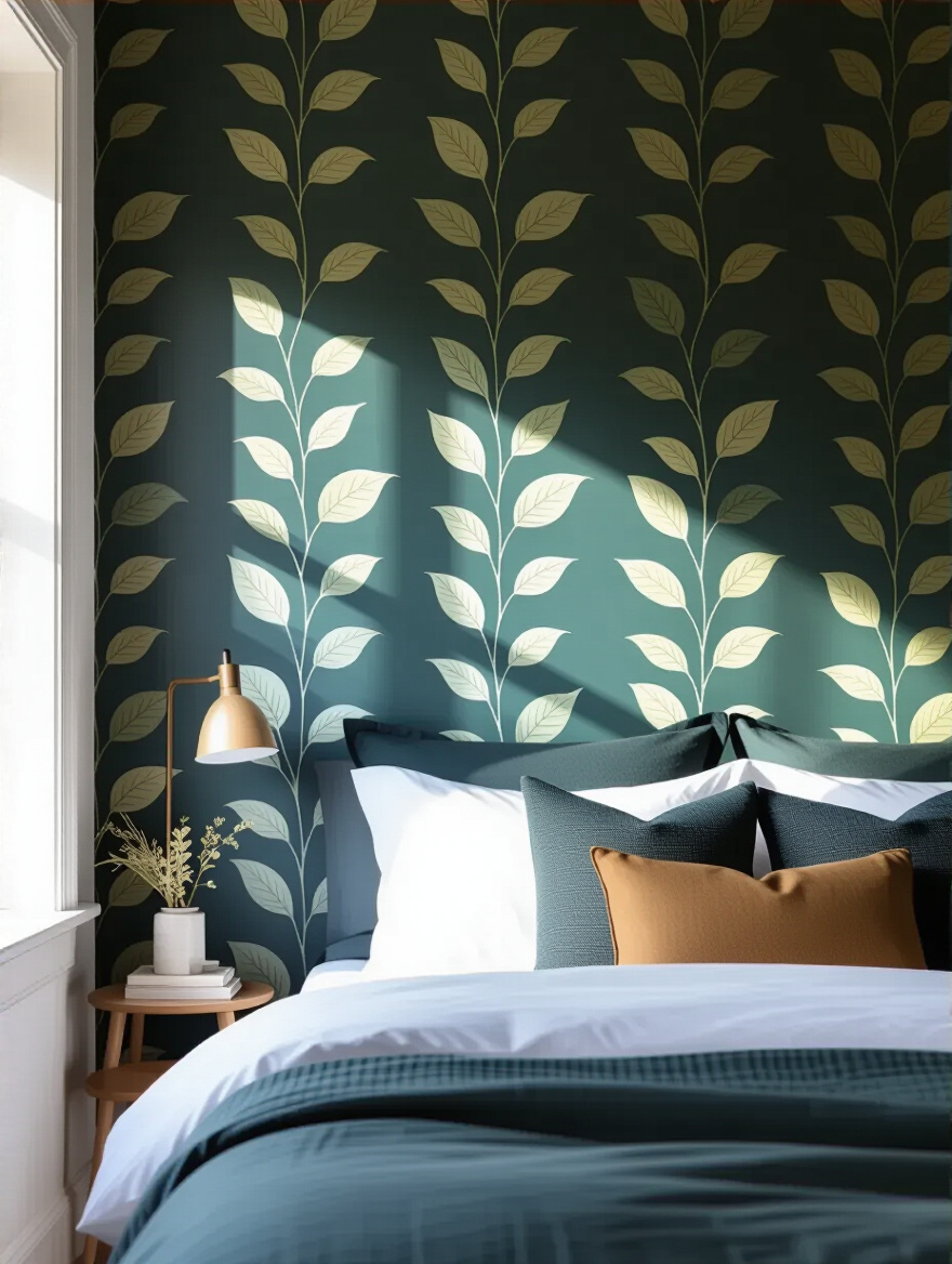 Close-up view of a bedroom accent wall with perfectly aligned botanical pattern wallpaper showing seamless continuity and professional finish