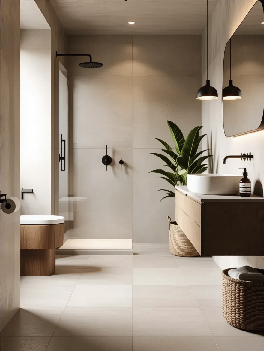 Industrial bathroom with classic concrete-look porcelain tiles, showcasing an authentic aesthetic.