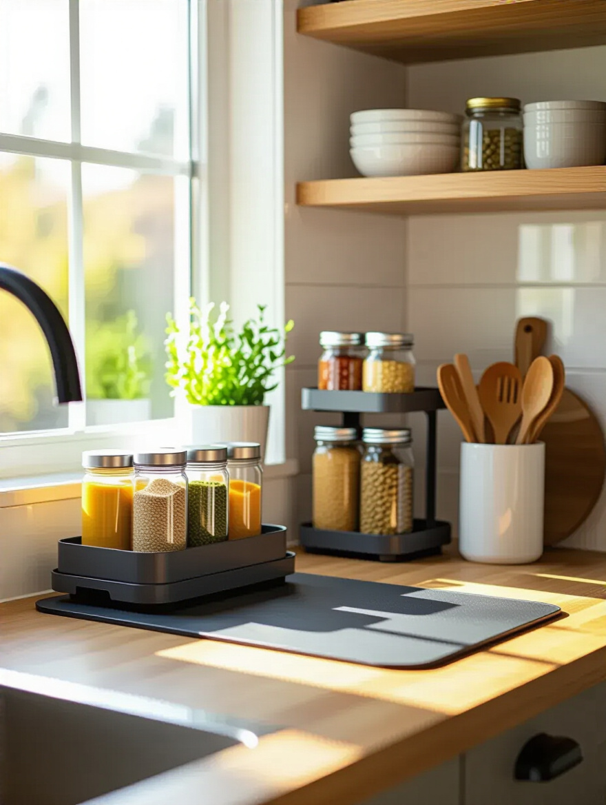 Close-up portrait of multi-functional kitchen organizers neatly arranged on a clean counter with natural lighting