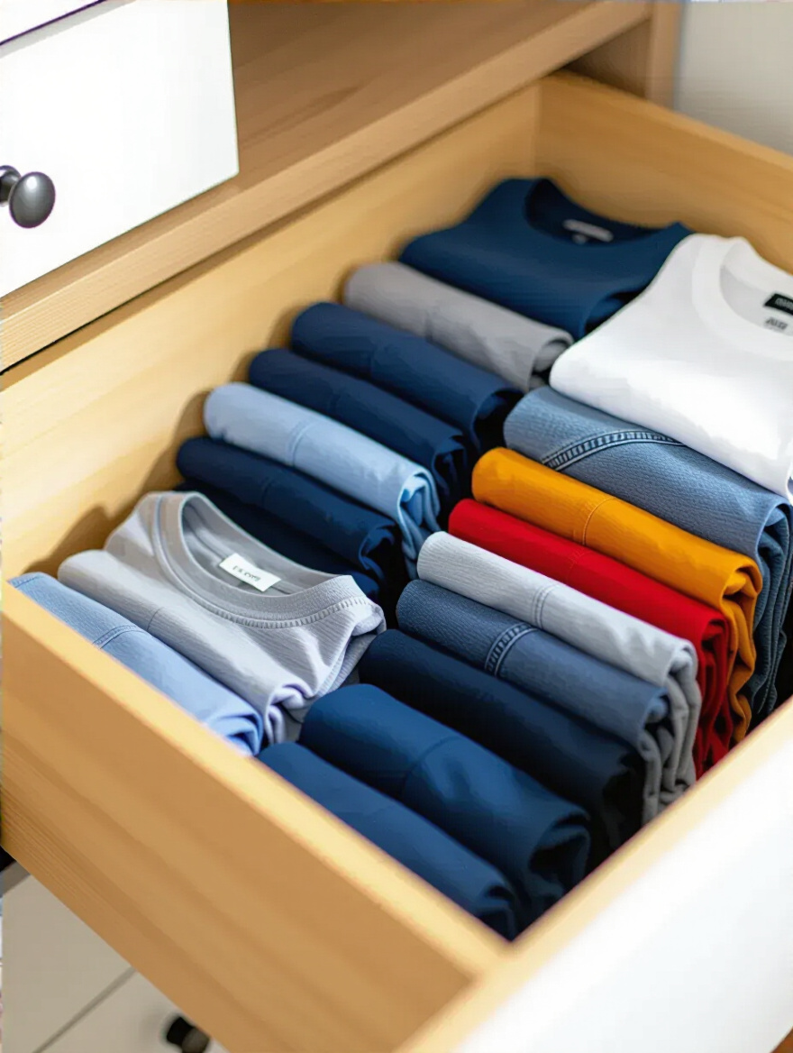 Open bedroom drawer showing neatly vertically folded clothes using the vertical fold method for maximum storage
