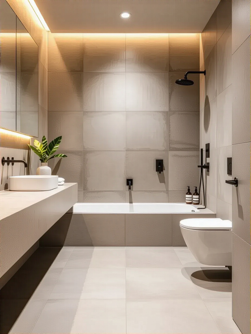 Industrial bathroom showcasing commercial-grade porcelain tiles with a concrete finish.