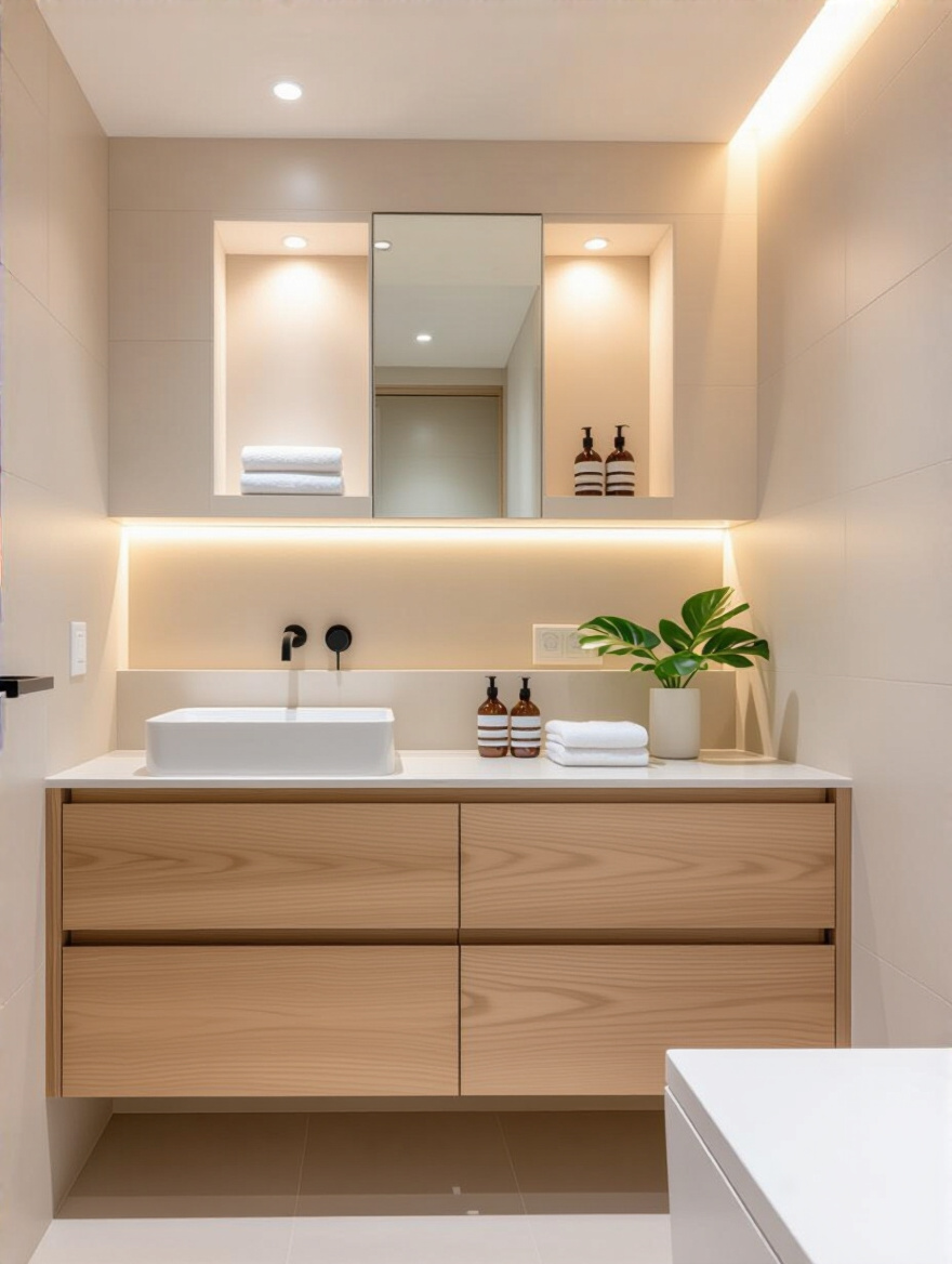 Modern bathroom featuring integrated wall niches and built-in drawers for hidden storage in a minimalist design