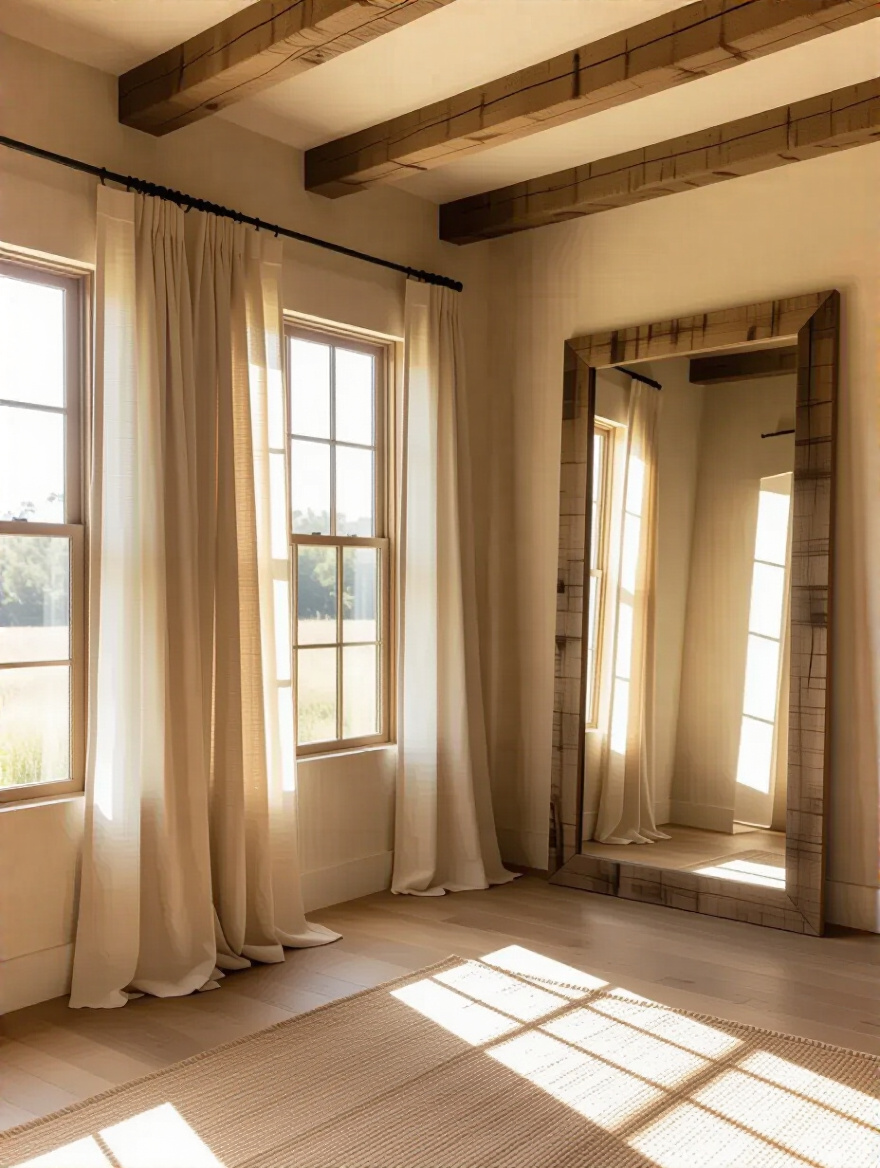 Rustic living room with large windows, sheer curtains, and a barn-wood framed mirror reflecting natural sunlight to create an inviting atmosphere