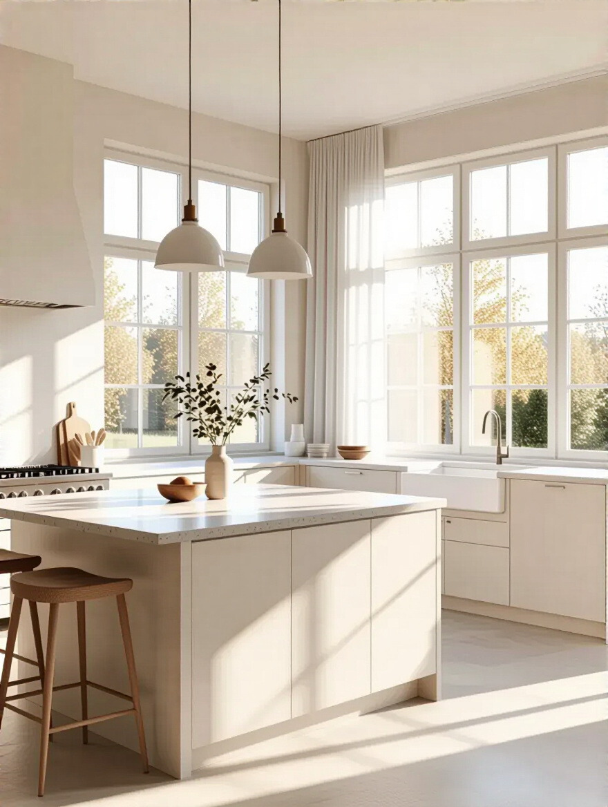 Bright Scandinavian kitchen with large windows allowing natural light, featuring white cabinetry and a light color palette.