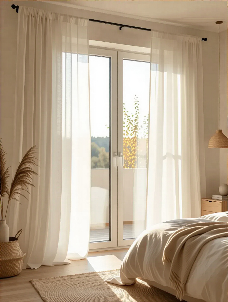 Cozy bedroom with sheer curtains softly filtering natural light creating an airy and bright atmosphere