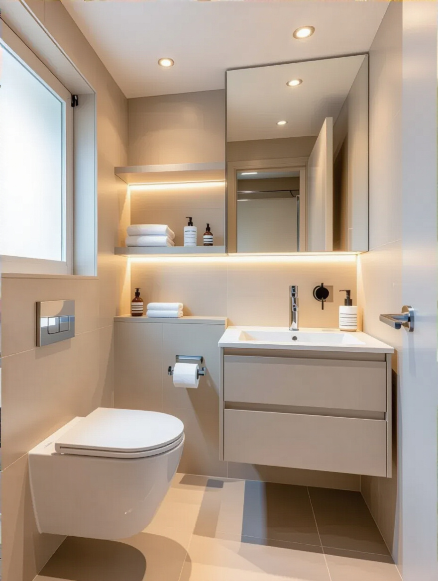Compact modern bathroom with wall-mounted fixtures and floating vanity showcasing clever layout optimization for small spaces
