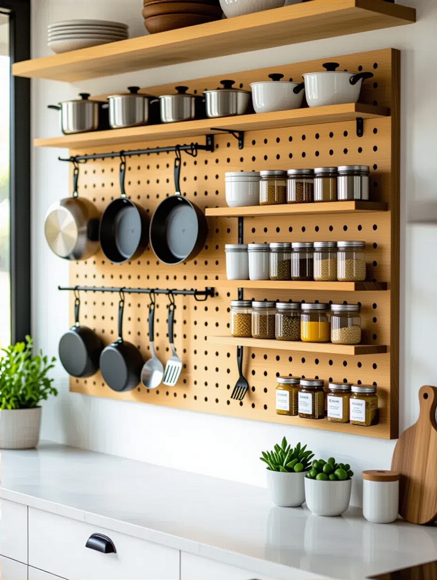 Modern kitchen wall with a large wooden pegboard organizer holding pots, pans, utensils, and spice containers above a clean countertop