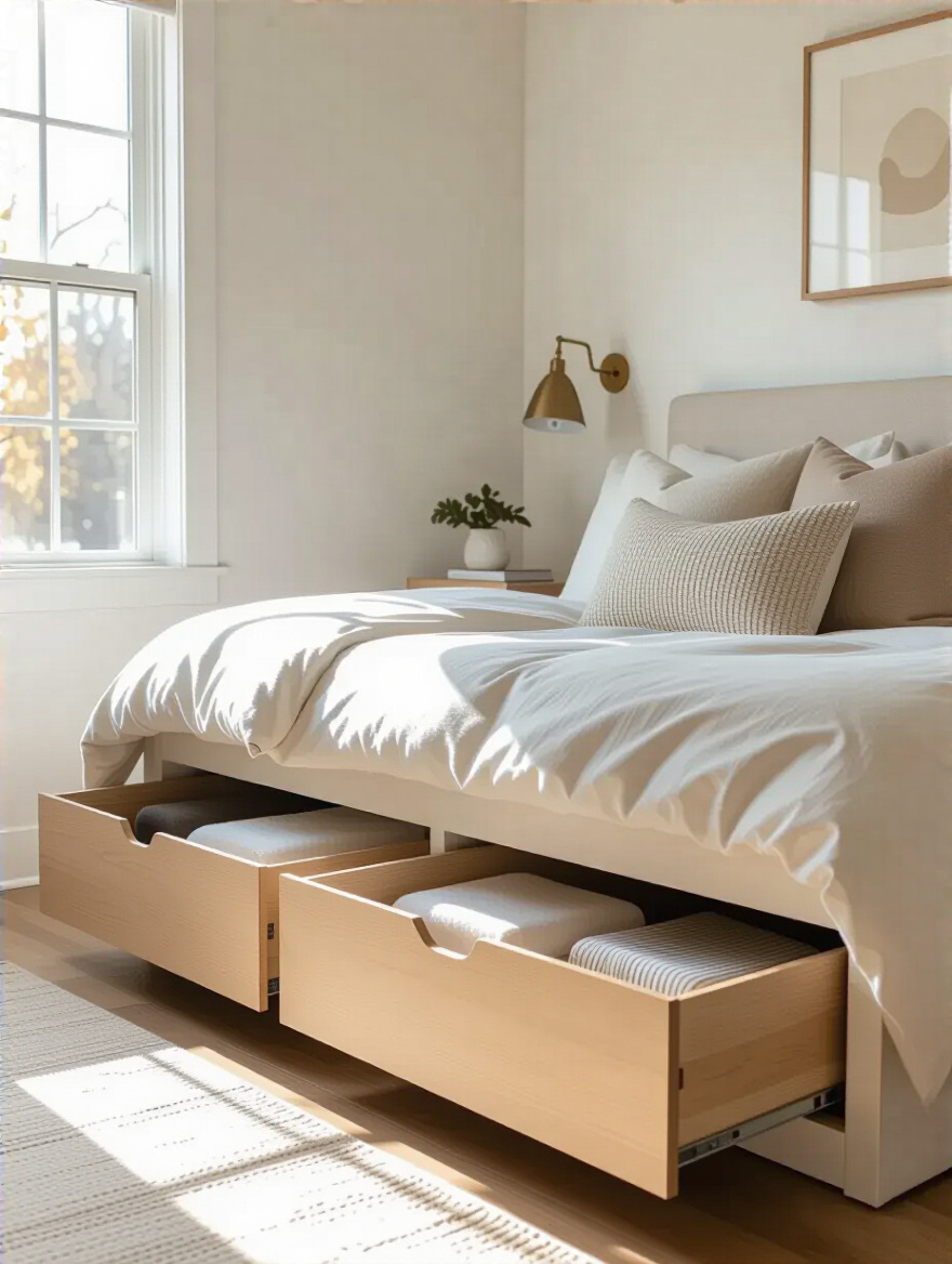 Rolled storage drawers extended from under a modern bed frame in a well-lit, minimalist bedroom