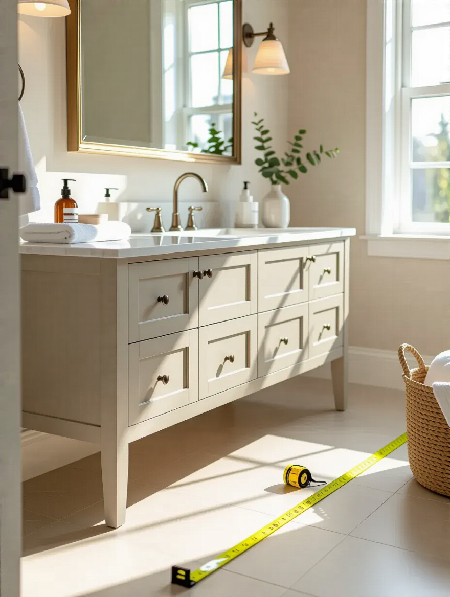 Professional photo depicting a well-measured bathroom vanity space with a measuring tape.