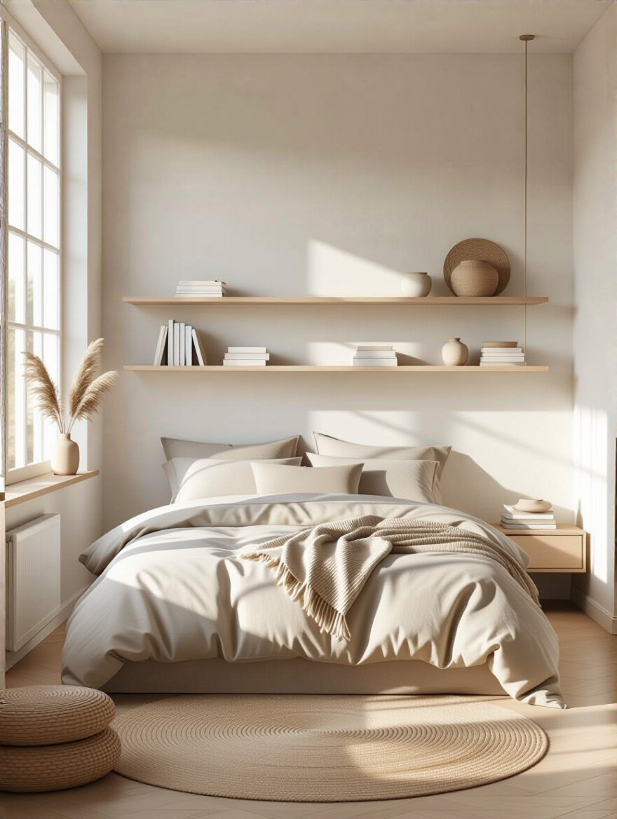 Minimalist cozy bedroom with floating shelves and tidy decor minimizing clutter for a serene and spacious retreat