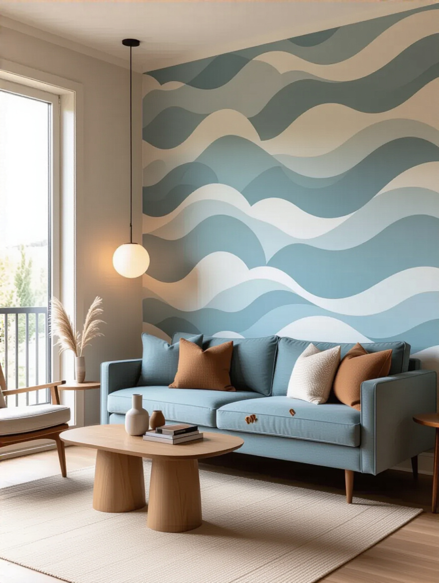 Living room with harmonious wallpaper accent wall featuring oceanic wave patterns.