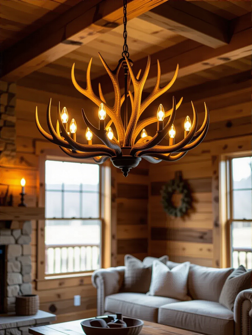 Rustic living room corner with a large antler chandelier fixture illuminated by warm Edison bulbs, showcasing natural wood beams and cozy seating area