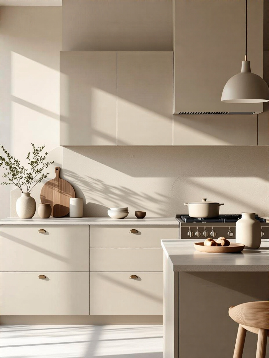 Scandinavian kitchen with matte finishes and soft lighting