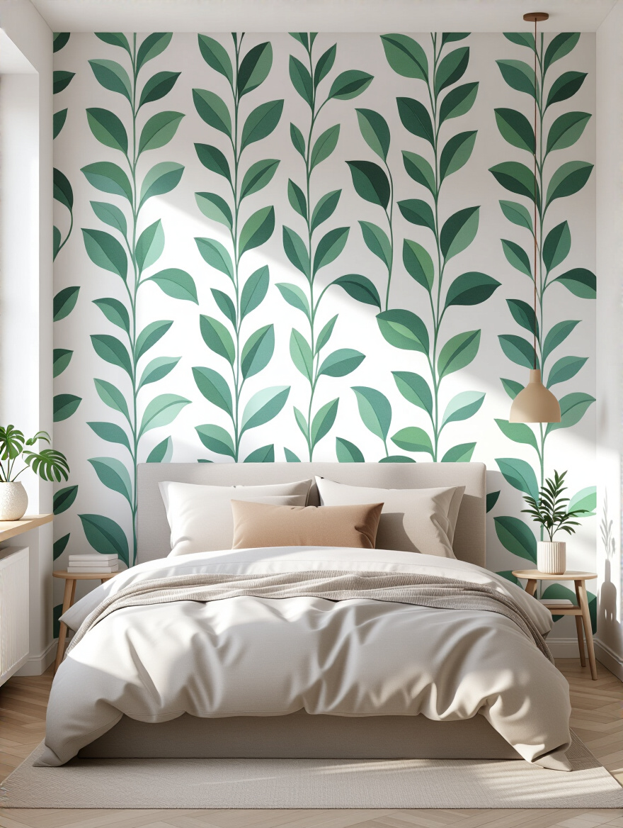 Modern bedroom accent wall with bold removable peel-and-stick botanical wallpaper, natural lighting, no people