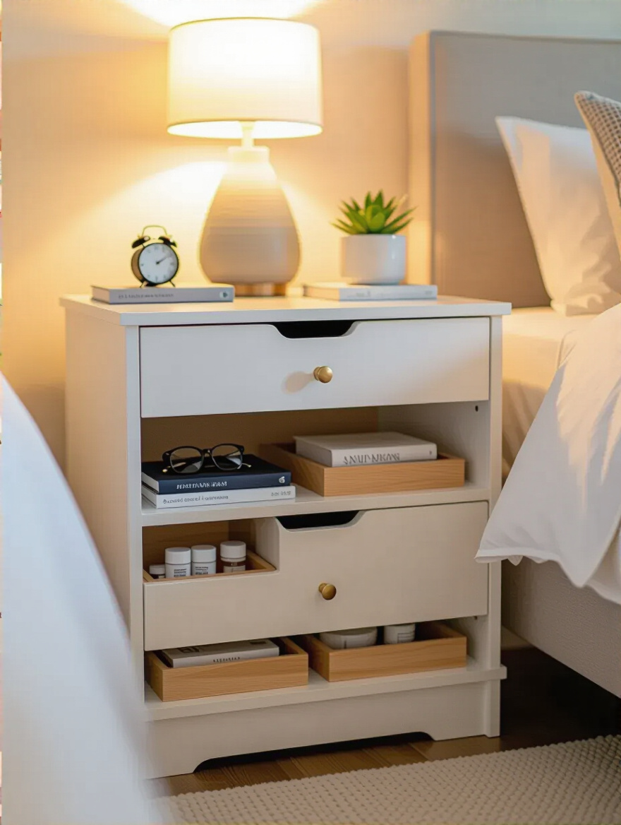Cozy bedroom nightstand with optimized bedside storage featuring drawers, organized compartments, and essentials neatly arranged for easy accessibility