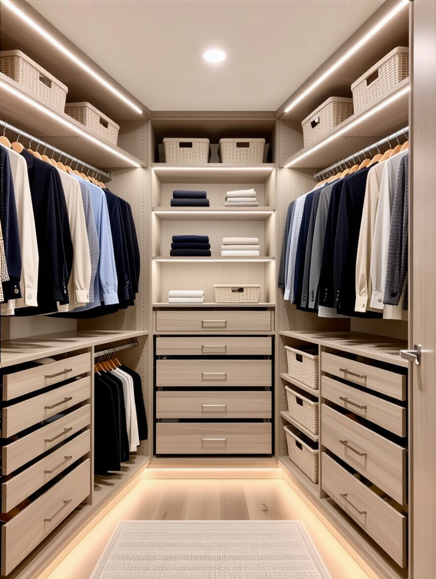 Modern modular closet system with adjustable shelves, double hanging rods, and drawers organized neatly with LED lighting in a bedroom closet