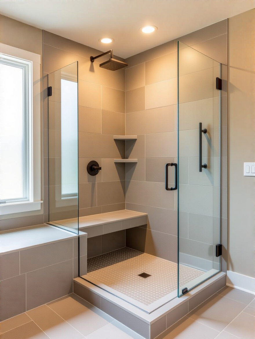 Modern bathroom with a curbless walk-in shower featuring glass panels, fold-down bench, and grab bars