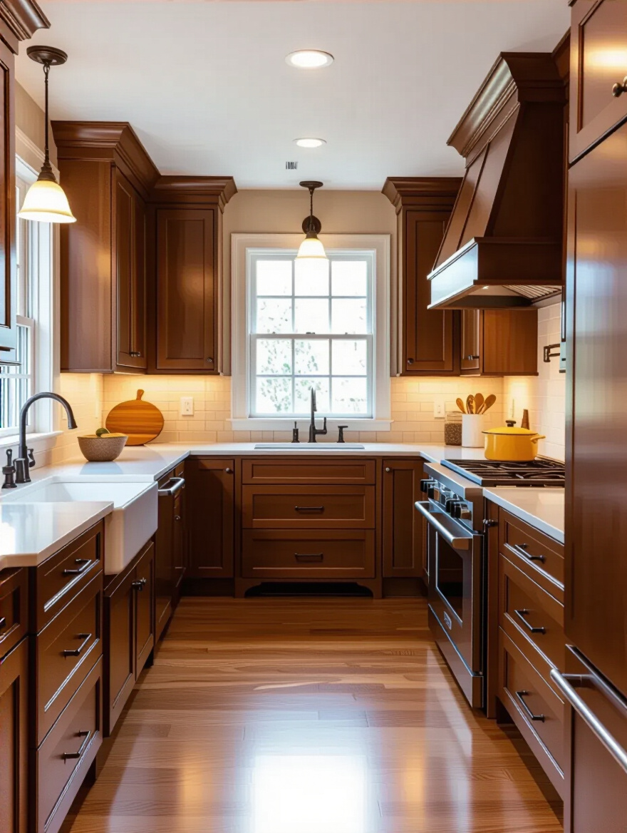 Traditional kitchen layout optimized for efficient cabinet use, featuring elegant cabinetry and strategic arrangement.