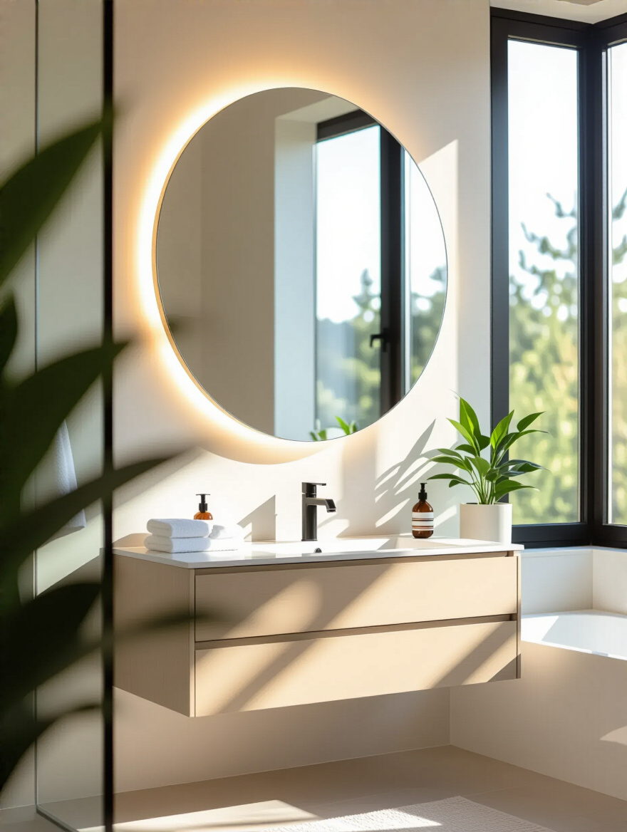 Bright modern bathroom with large mirror opposite window amplifying natural light and creating spacious perception