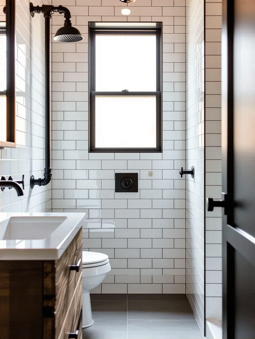 Compact industrial bathroom with vertical subway tile installation