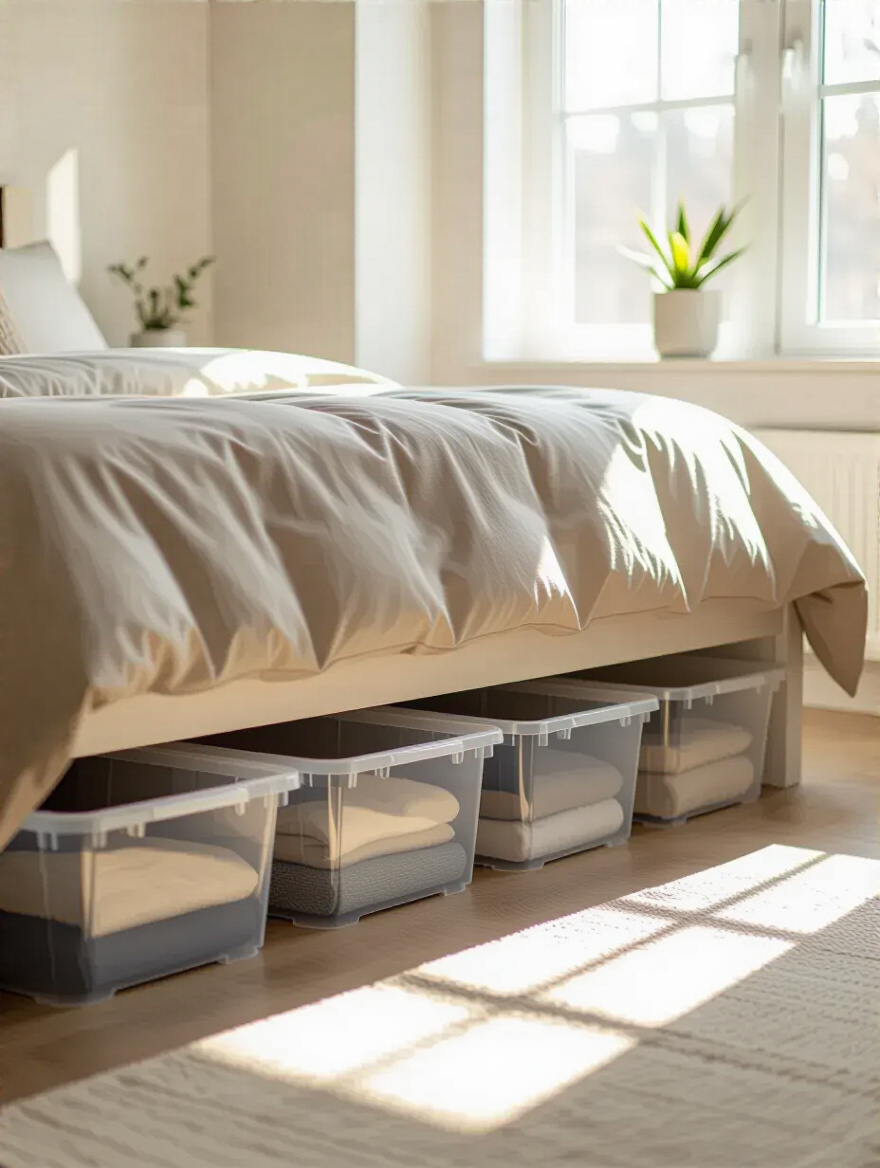 Organized under-bed storage with clear bins in a clutter-free bedroom