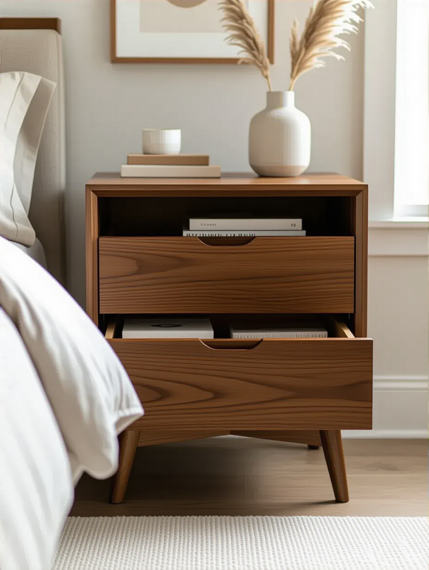 Modern bedroom nightstand with deep drawers and concealed shelves in a clean, well-lit bedroom