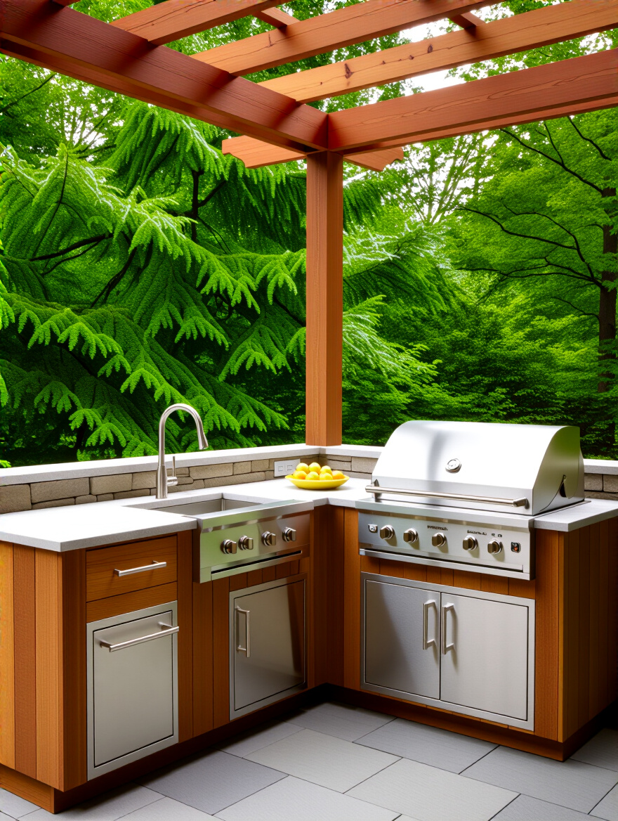 Close-up portrait of rust-free stainless steel hardware on outdoor kitchen cabinets under natural soft sunlight