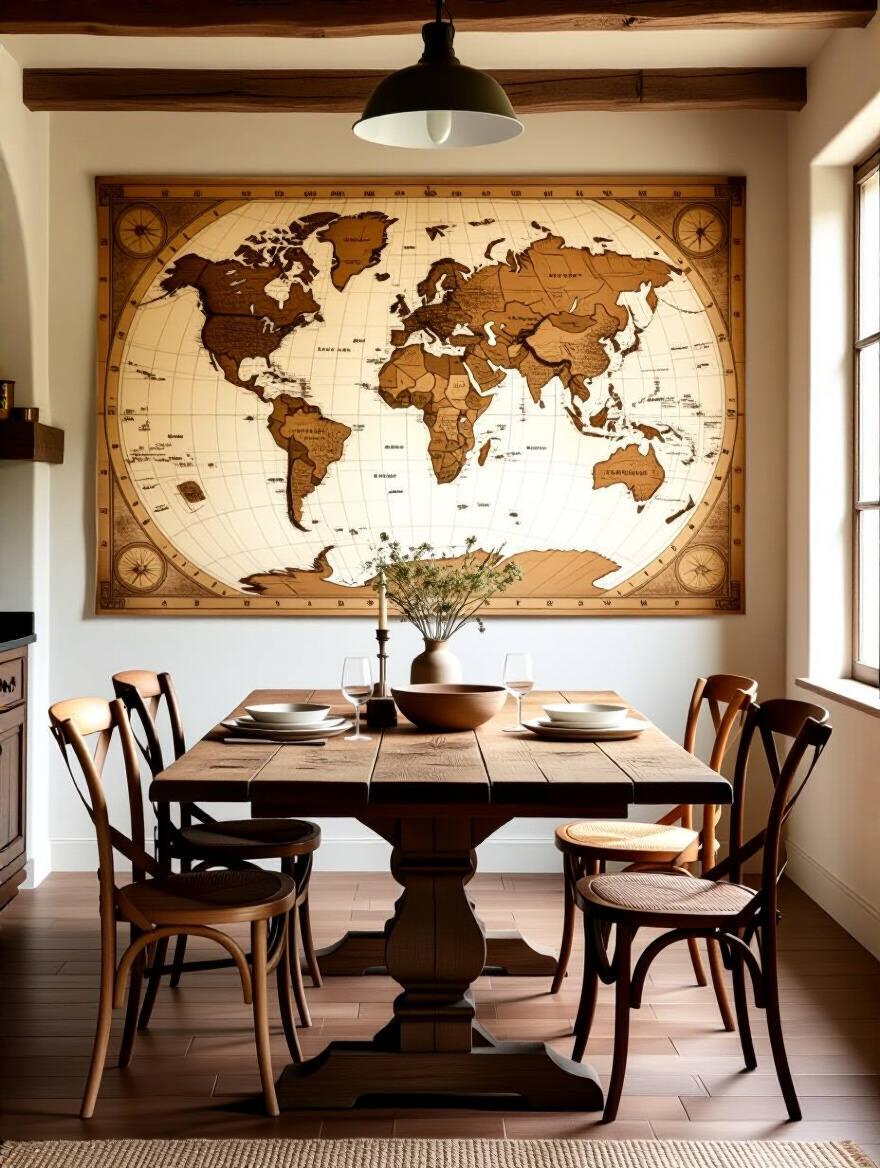 A rustic dining room featuring a large vintage map on the wall, with a wooden table and vintage chairs.