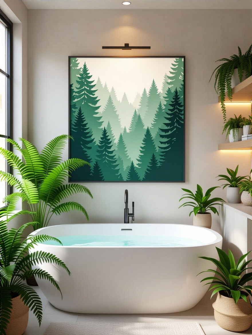 Modern bathroom interior featuring curated abstract art and lush greenery creating a tranquil sanctuary