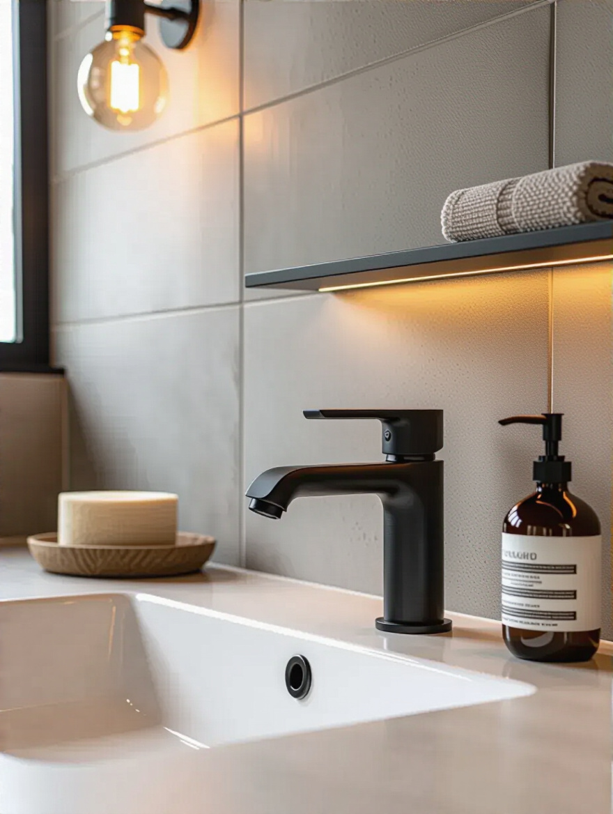 Stylish industrial bathroom with budget-friendly tile solutions featuring large-format porcelain tiles.