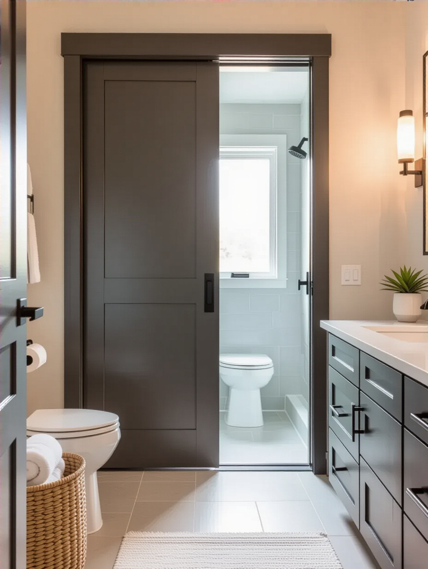 Modern bathroom interior showing a pocket door open to reveal unobstructed space around toilet and vanity for optimal door swing planning
