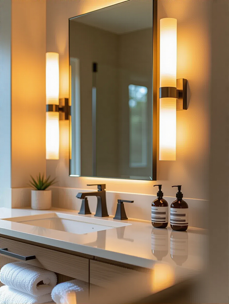 Modern bathroom vanity with task lighting illuminating the countertop and mirror.