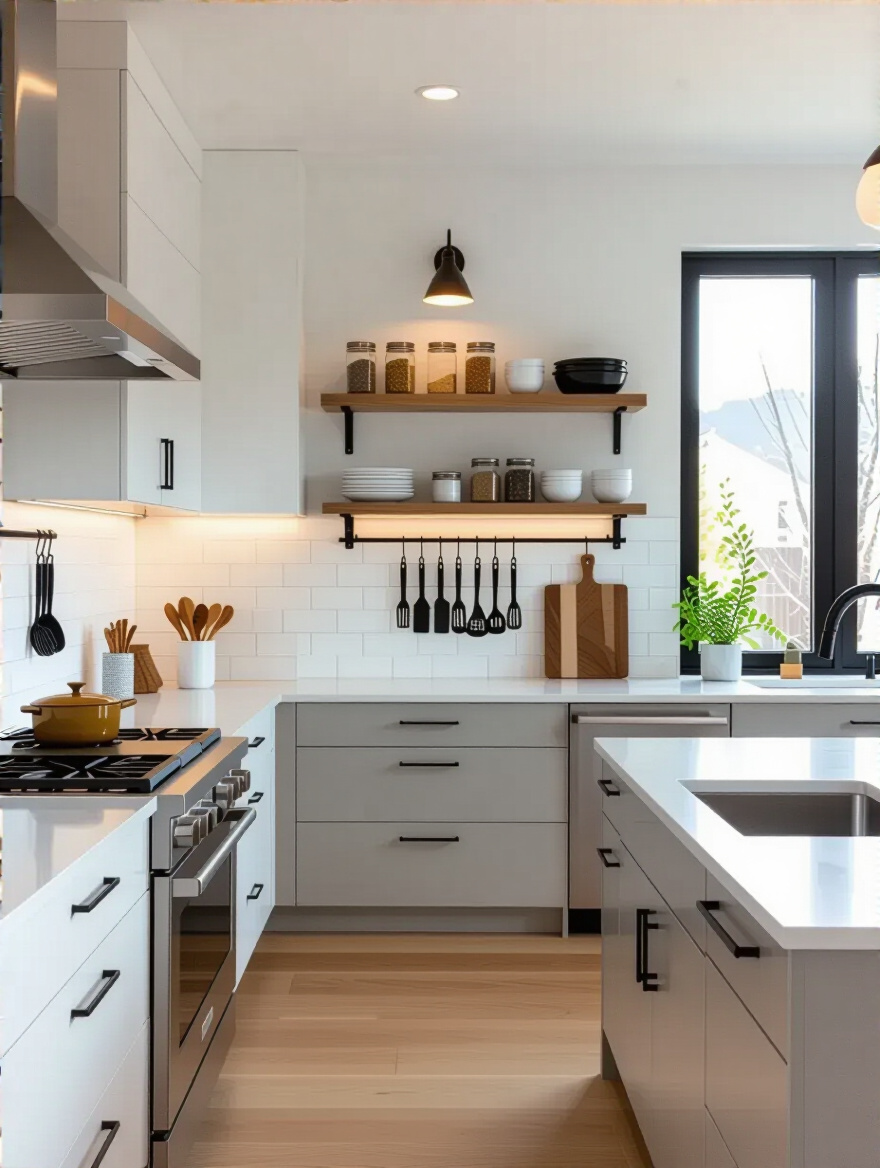Modern kitchen interior showing distinct functional zones with tailored wall decorations for cooking, prep, cleaning, and storage in a harmonious layout