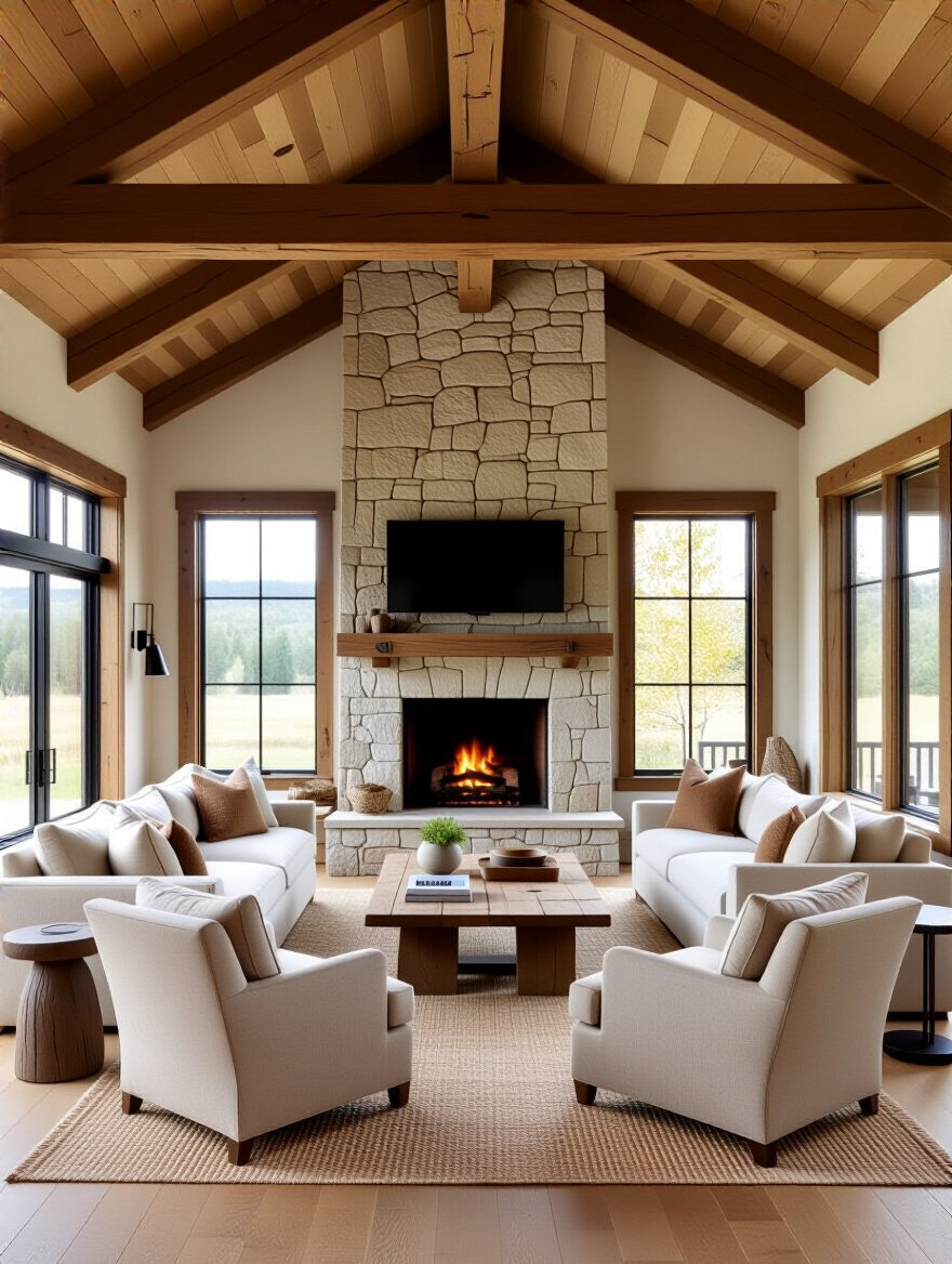 Rustic living room with a functional furniture layout creating comfortable flow and clear pathways around a stone fireplace