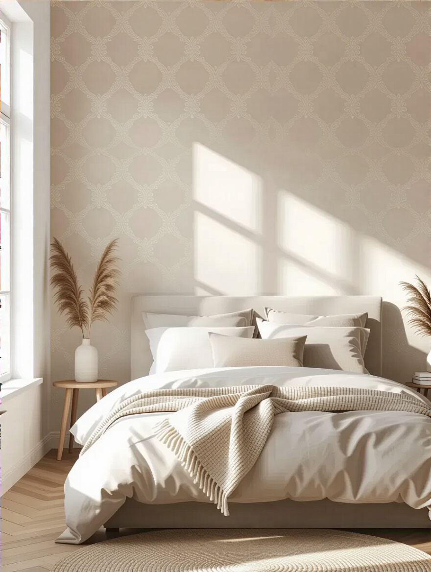 Removable peel-and-stick wallpaper on a pristine bedroom accent wall ready for easy future removal or reapplication