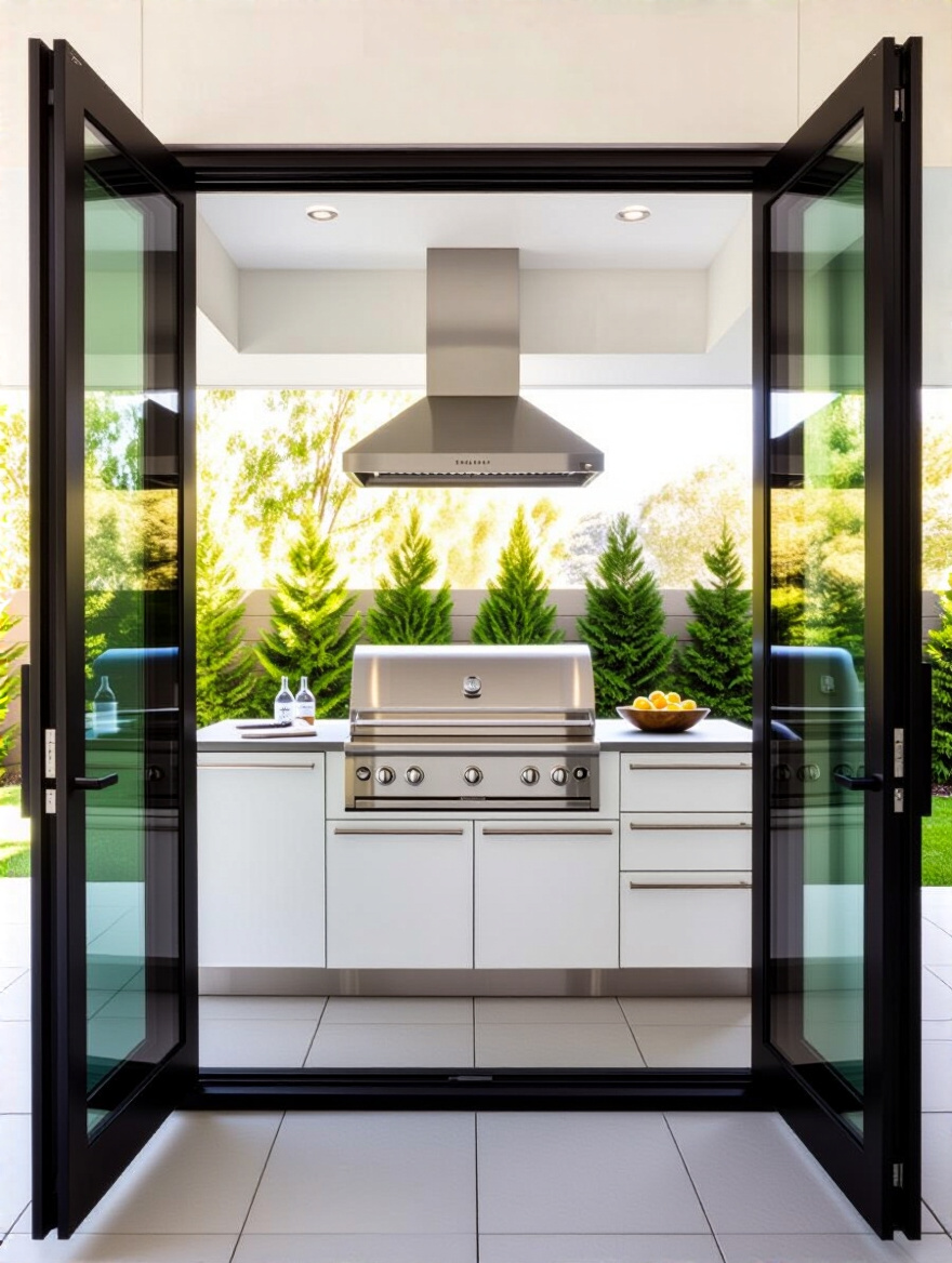 Organized outdoor kitchen cabinet with custom storage solutions including pull-out drawers and vertical dividers
