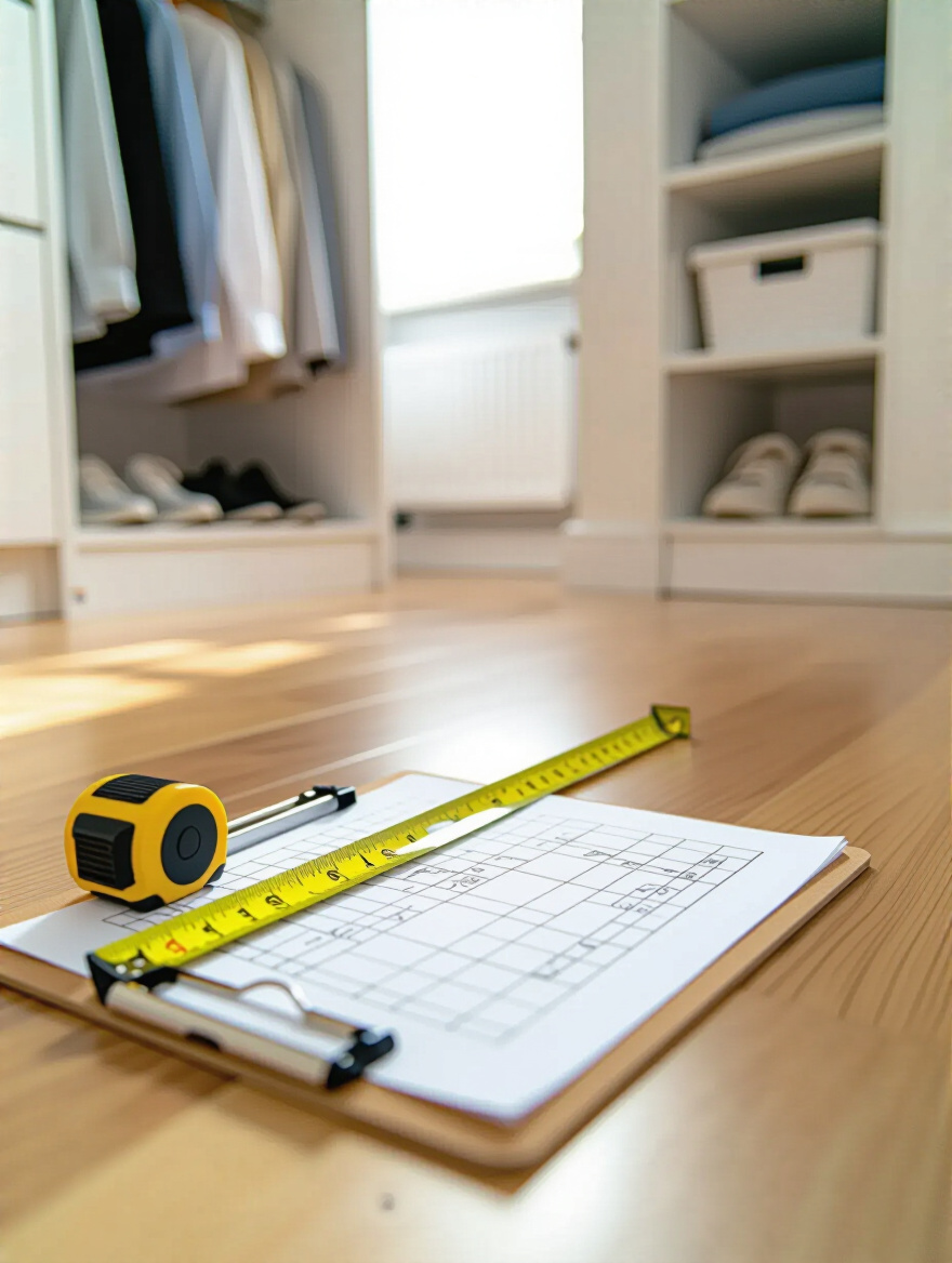 Measuring tape extended inside empty closet with clipboard sketching storage dimensions in a well-lit bedroom corner