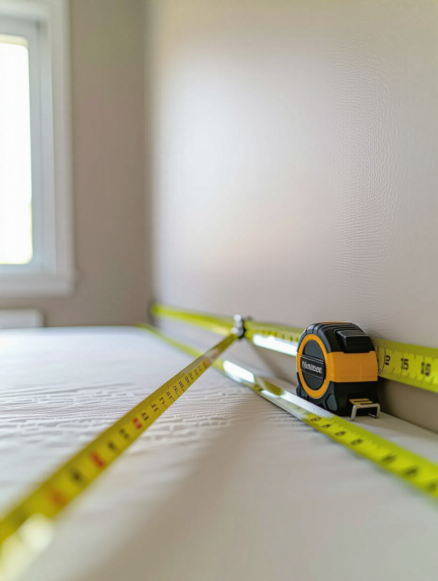 Tape measure extended on a clean bedroom accent wall ready for wallpaper installation with soft natural and overhead lighting