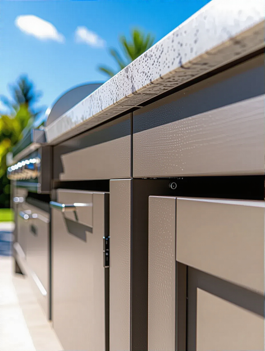 Close-up of a sealed outdoor kitchen cabinet corner with weather-resistant sealant applied