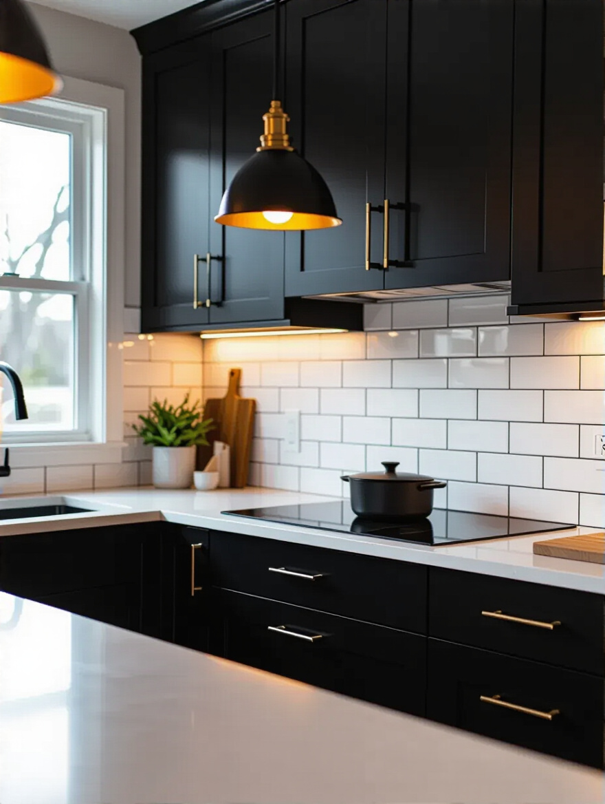 Portrait image of a modern kitchen featuring matte black painted cabinets, a peel-and-stick subway tile backsplash, and stylish pendant lights highlighting budget zone upgrades